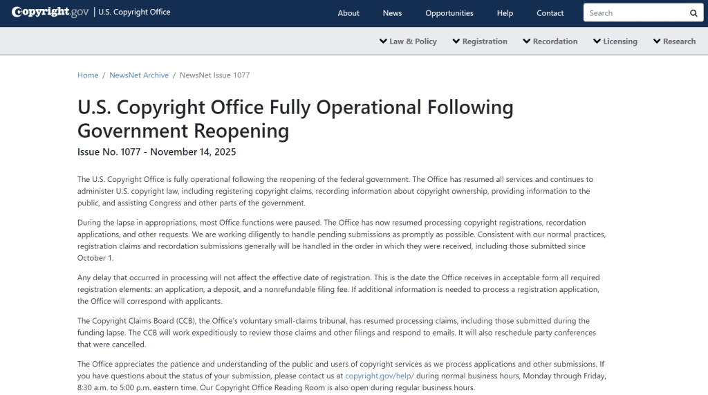 美国版权局结束停摆，已于11月14日全面运作并重启所有服务